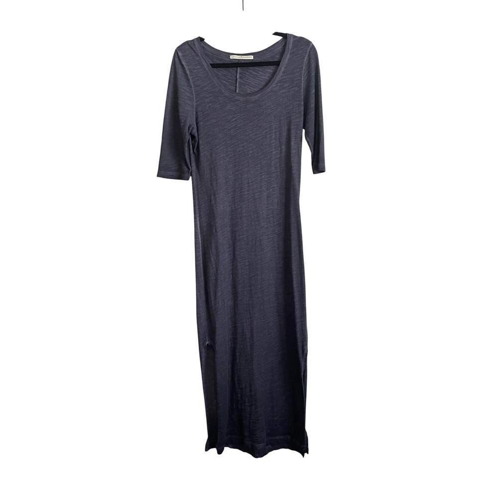 Peruvian Connection Blue Gray Slub Knit Maxi Dress Side Slit Small Minimalist